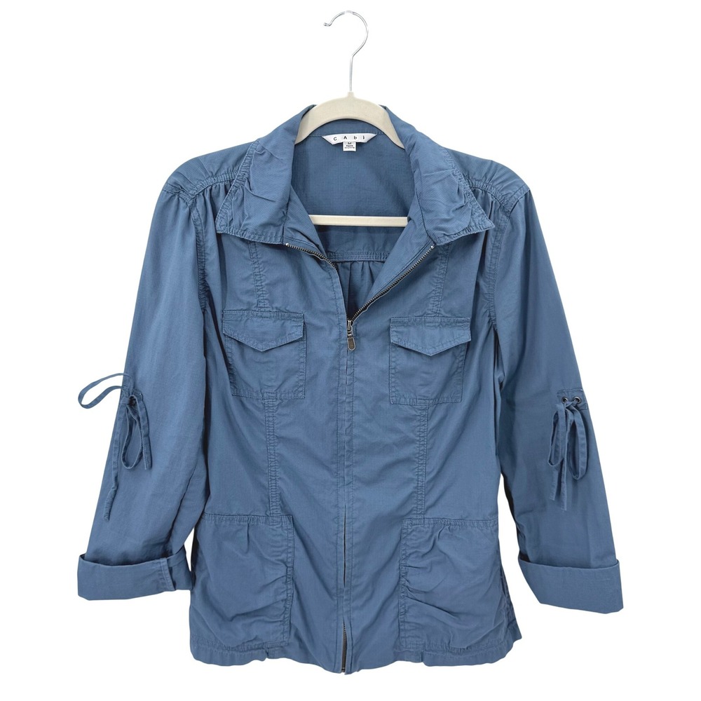 Cabi Blue Cotton Ripstop Utility Jacket Zip Front Lace Up Sleeve Style 393 M